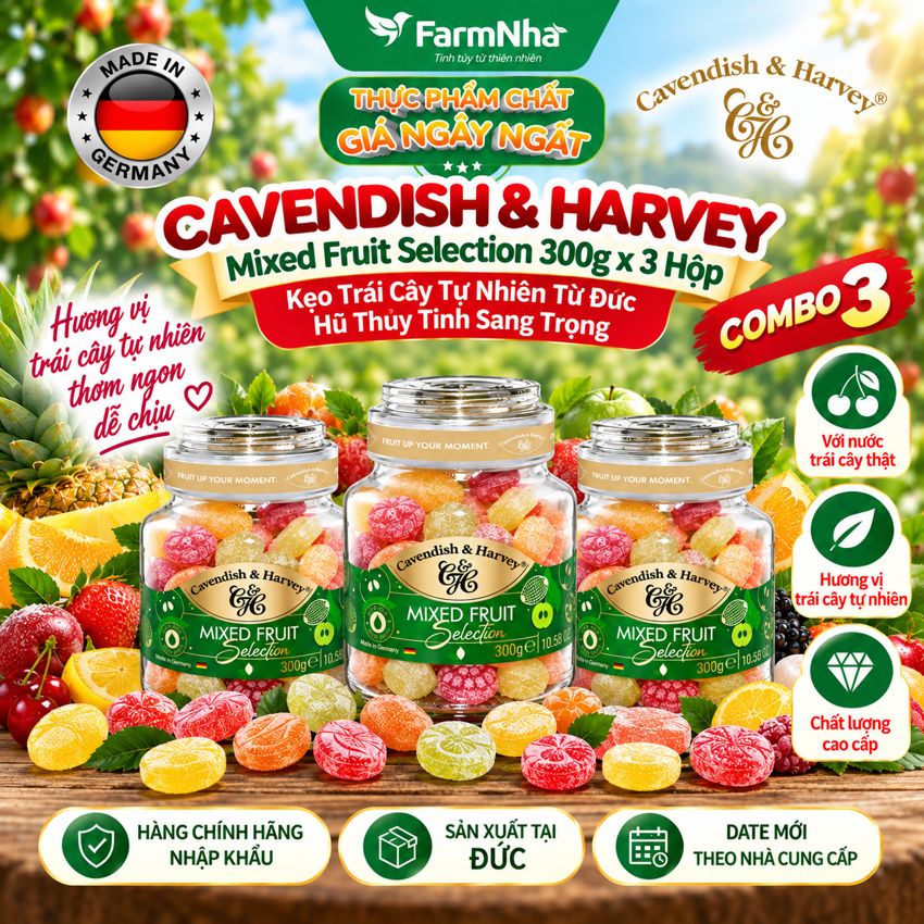 (Combo 3) Kẹo Trái Cây Cavendish & Harvey Mixed Fruit Selection 300g Thủy Tinh Sang Trọng - Vị Trái Cây Tự Nhiên