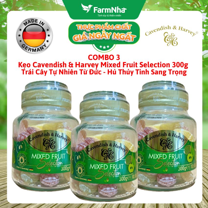 (Combo 3) Kẹo Trái Cây Cavendish & Harvey Mixed Fruit Selection 300g Thủy Tinh Sang Trọng - Vị Trái Cây Tự Nhiên