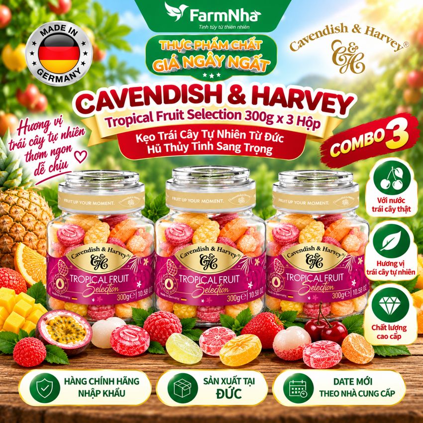 (Combo 3) Kẹo Cavendish & Harvey Tropical Fruit 300g | Kẹo Trái Cây Đức Hũ Thủy Tinh Cao Cấp