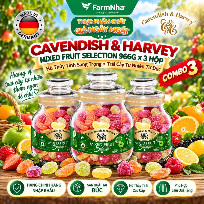 (Combo 3) Kẹo Trái Cây Cavendish & Harvey Mixed Fruit Selection 966g Thủy Tinh Sang Trọng - Vị trái cây tự nhiên