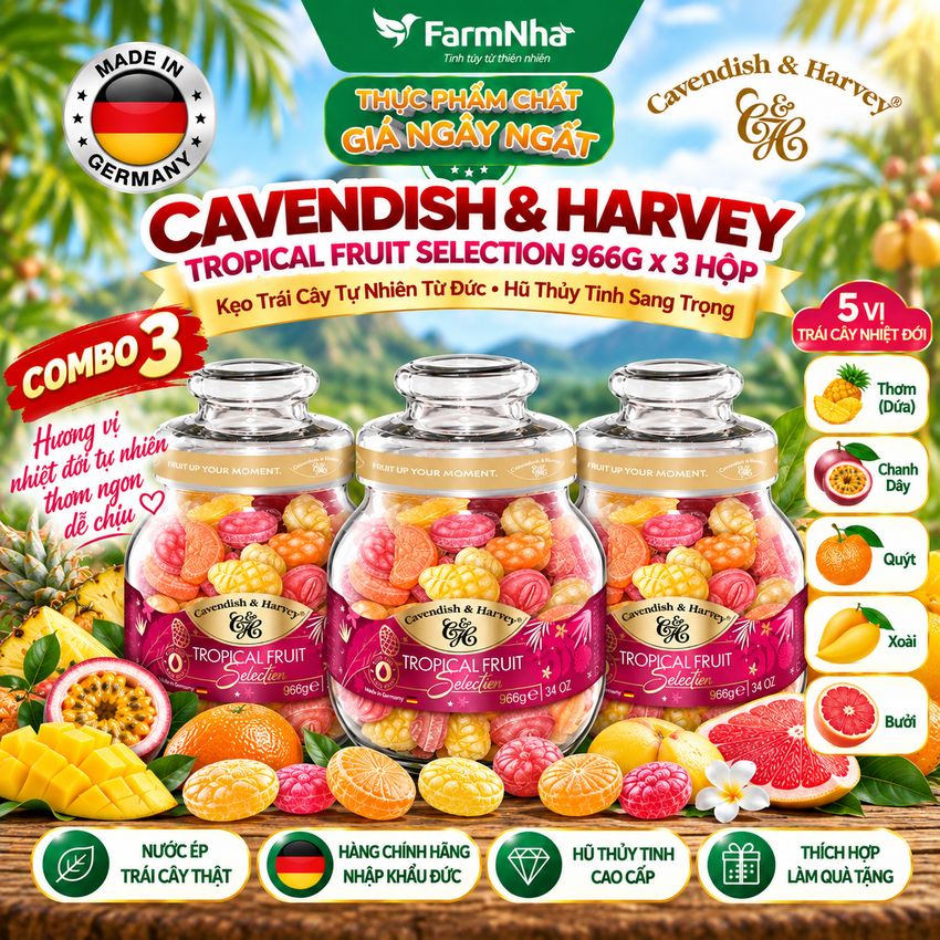 (Combo 3) Kẹo Cavendish & Harvey Tropical Fruit 966g | Kẹo Trái Cây Đức Hũ Thủy Tinh Cao Cấp