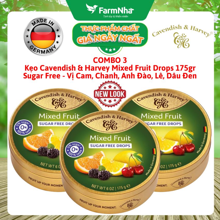 (Combo 3) Kẹo Cavendish & Harvey MIXED FRUIT Sugar Free 175gr Hộp Thiếc - Kẹo Đức vị Trái Cây Không Đường
