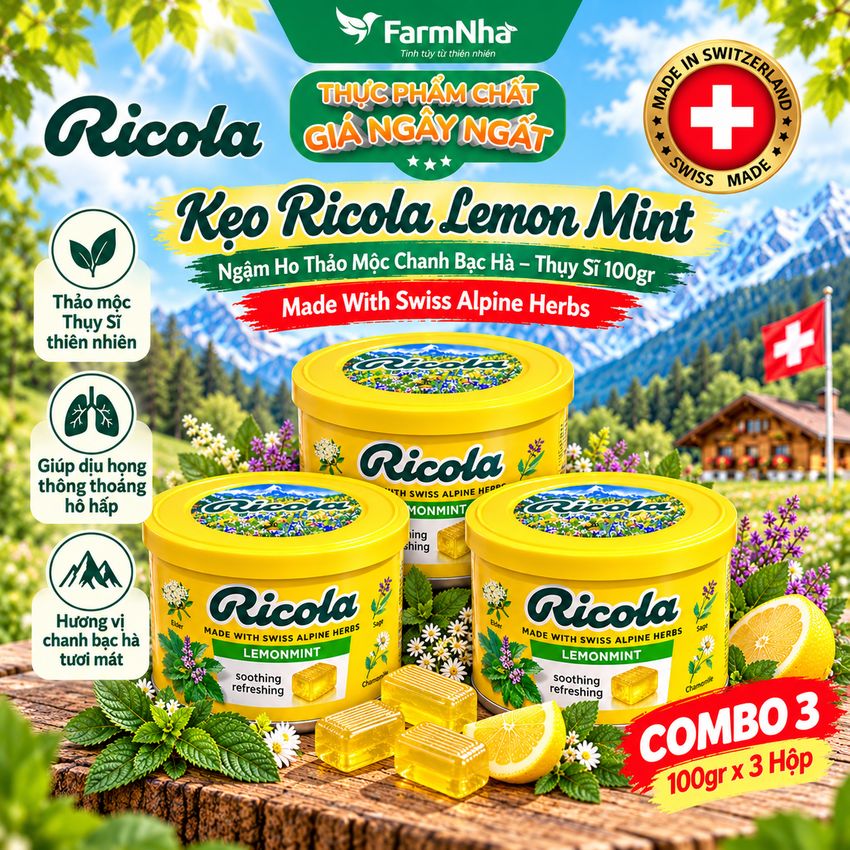 (Combo 3) Kẹo Ricola Lemon Mint Herb 100gr Hộp Thiếc - Ngậm ho vị Chanh Bạc Hà Thảo Mộc từ Thụy Sĩ