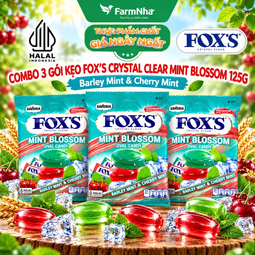 (Combo 3) Kẹo FOX'S Mint Blossom Oval Candy 125g BARLEY MINT & CHERRY MINT - Ngọt Ngào và Mát Lạnh