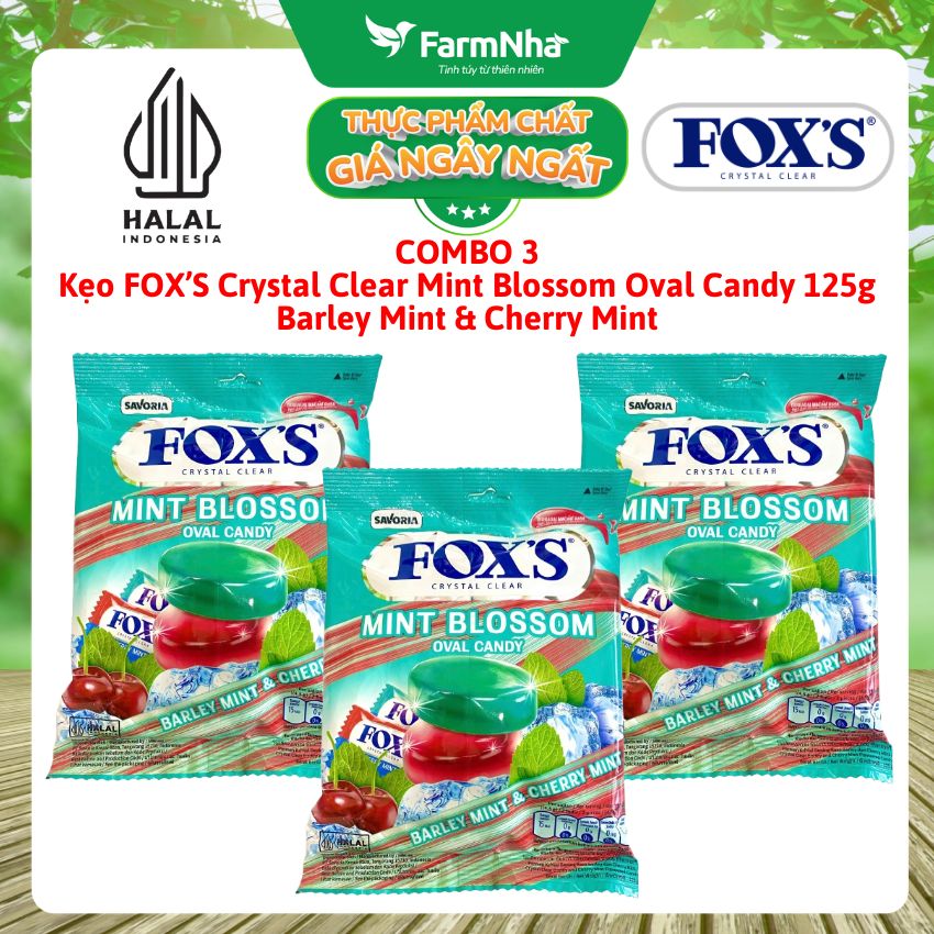 (Combo 3) Kẹo FOX'S Mint Blossom Oval Candy 125g BARLEY MINT & CHERRY MINT - Ngọt Ngào và Mát Lạnh