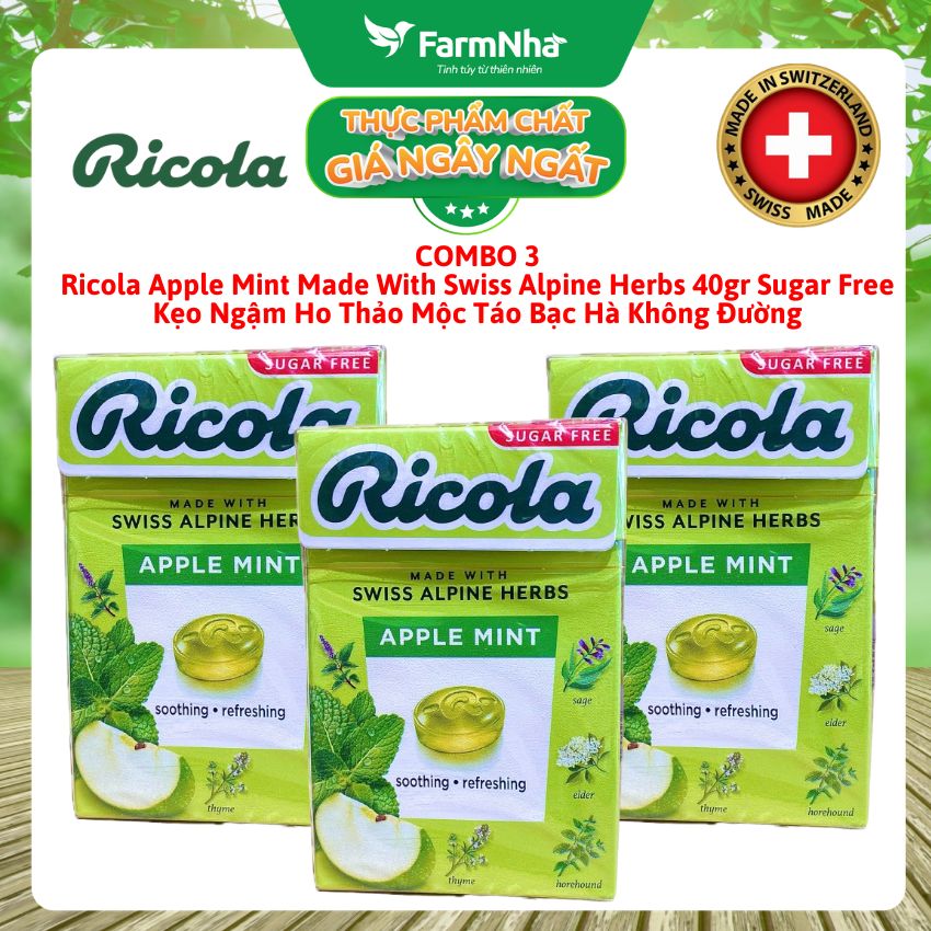(Combo 3) Kẹo Ngậm Ho Ricola Apple Mint 40g Sugar Free - Vị Táo Bạc Hà Thảo Mộc Từ Thủy Sĩ