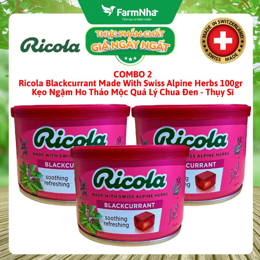 (Combo 3) Kẹo Ngậm Ho Ricola Blackcurrant 100g Hộp Thiếc - Vị Lý Chua, Thảo Mộc Giảm Ho Thụy Sĩ