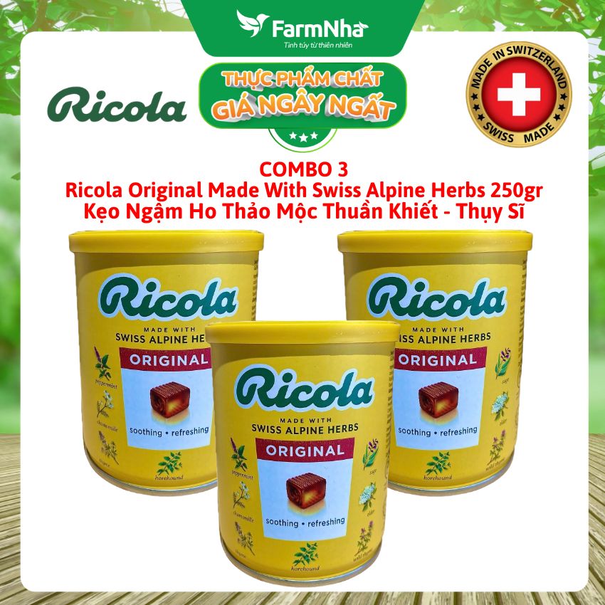 (Combo 3) Kẹo Ngậm Ho Ricola Orignal 250g Hộp Thiếc - Thảo Mộc Thuần Khiết Từ Thụy Sĩ