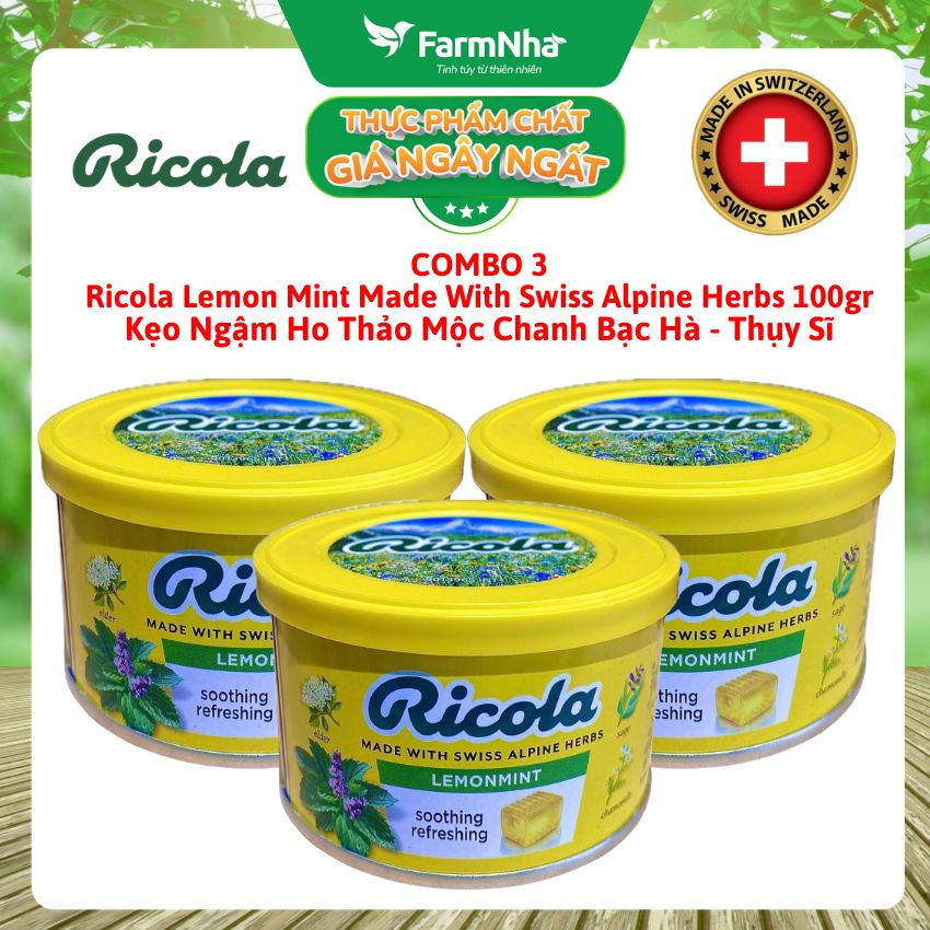 (Combo 3) Kẹo Ricola Lemon Mint Herb 100gr Hộp Thiếc - Ngậm ho vị Chanh Bạc Hà Thảo Mộc từ Thụy Sĩ