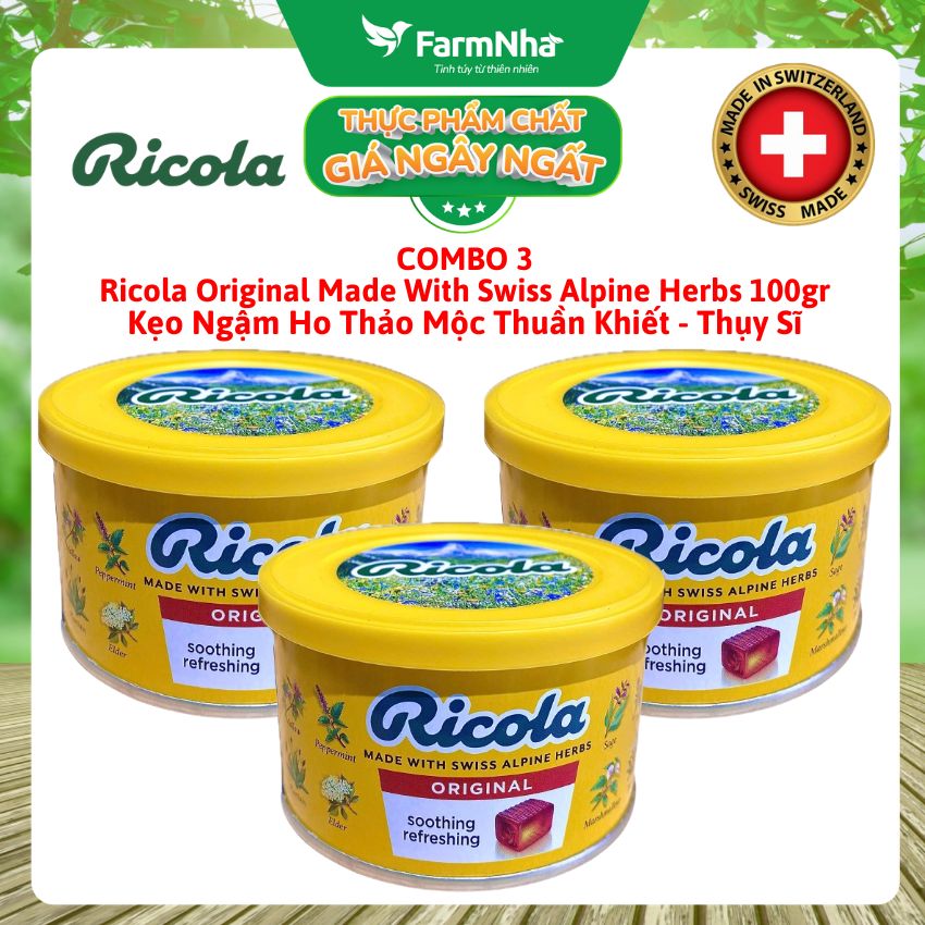 (Combo 3) Kẹo Ricola Original Herbs Hộp Thiếc 100g Thảo Mộc – Mát Họng, Giảm Ho, Thơm Miệng