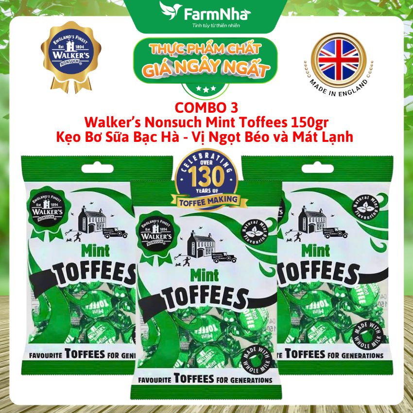 (Combo 3) Kẹo Bơ Sữa Walker’s Toffees Mint 150gr – Bơ Sữa Ngọt Béo Kết Hợp Bạc Hà Mát Lạnh