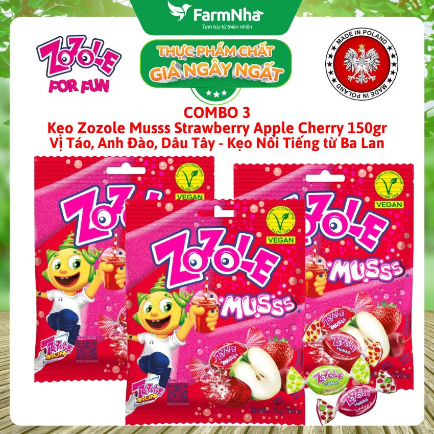 (Combo 3) Kẹo Zozole Musss Strawberry Apple Cherry 75gr – Vị Trái Cây Chua Ngọt Siêu Vui Nhộn