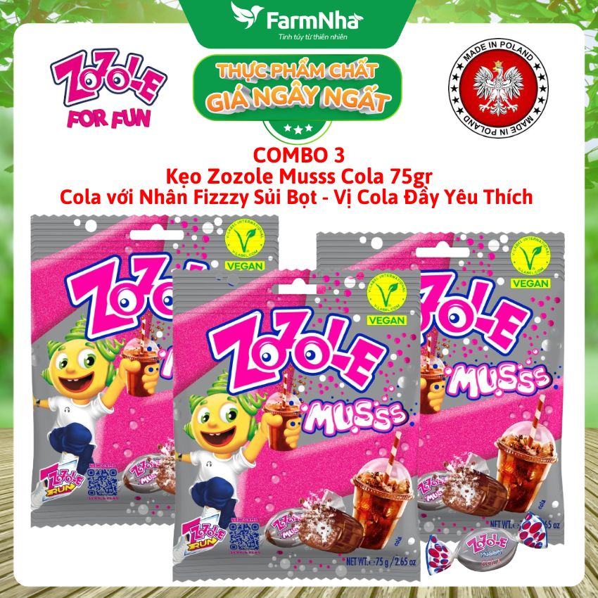 (Combo 3) Kẹo Zozole Musss Cola 75gr – Kẹo Cola Nhân Fizzzy Sủi Bọt Siêu Vui