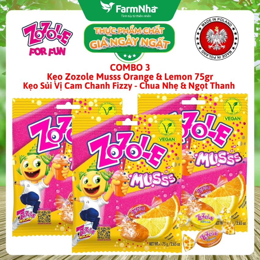 (Combo 3) Kẹo Zozole Musss Orange & Lemon 75gr – Kẹo Sủi Fizzzy Vị Cam Chanh Cực Đã