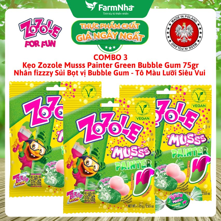 (Combo 3) Kẹo Zozole Musss Painter Green Bubble Gum 75gr – Hiệu Ứng Đổi Màu Lưỡi Siêu Vui