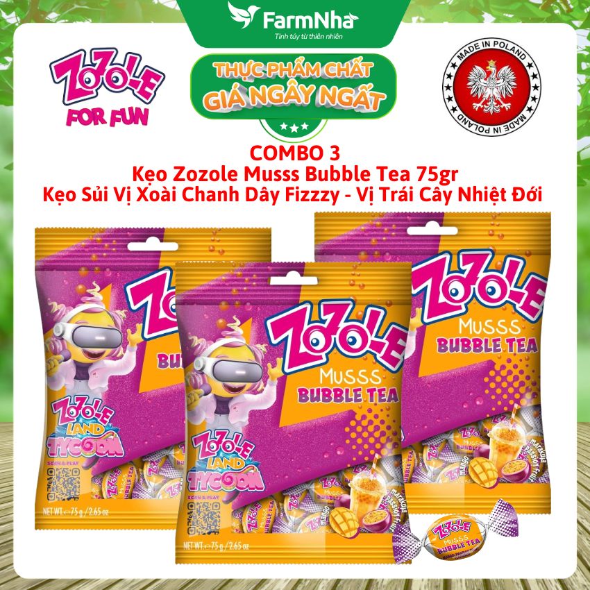(Combo 3) Kẹo Zozole Musss Bubble Tea 75g - Kẹo Sủi Xoài Chanh Dây Fizzzzy vị Trái Cây Nhiệt Đới 