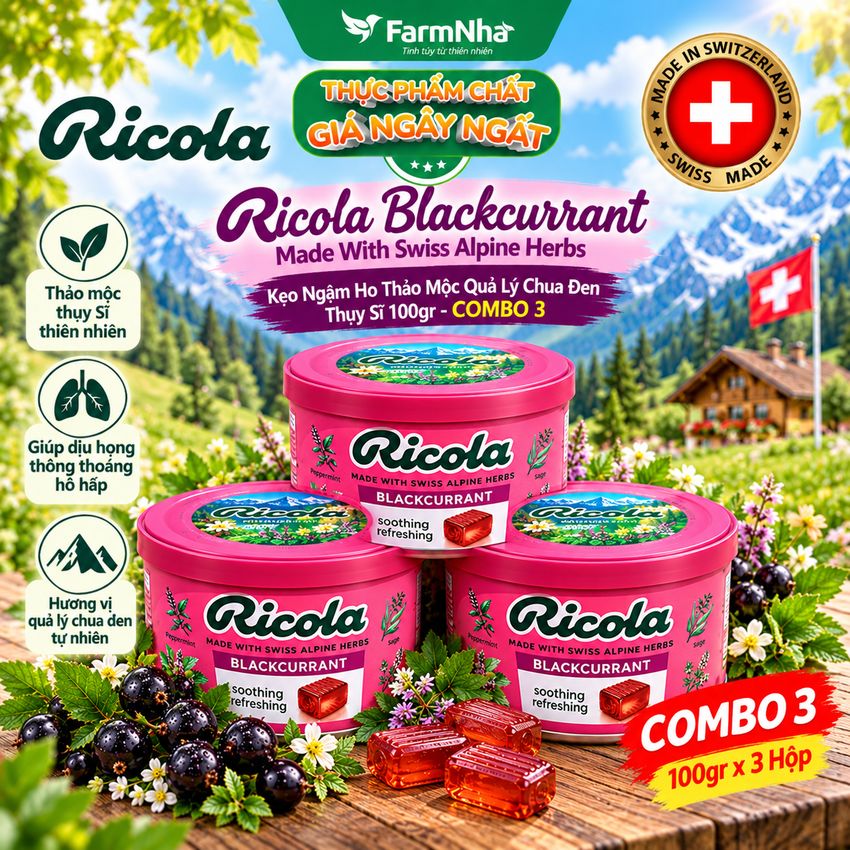 (Combo 3) Kẹo Ngậm Ho Ricola Blackcurrant 100g Hộp Thiếc - Vị Lý Chua, Thảo Mộc Giảm Ho Thụy Sĩ