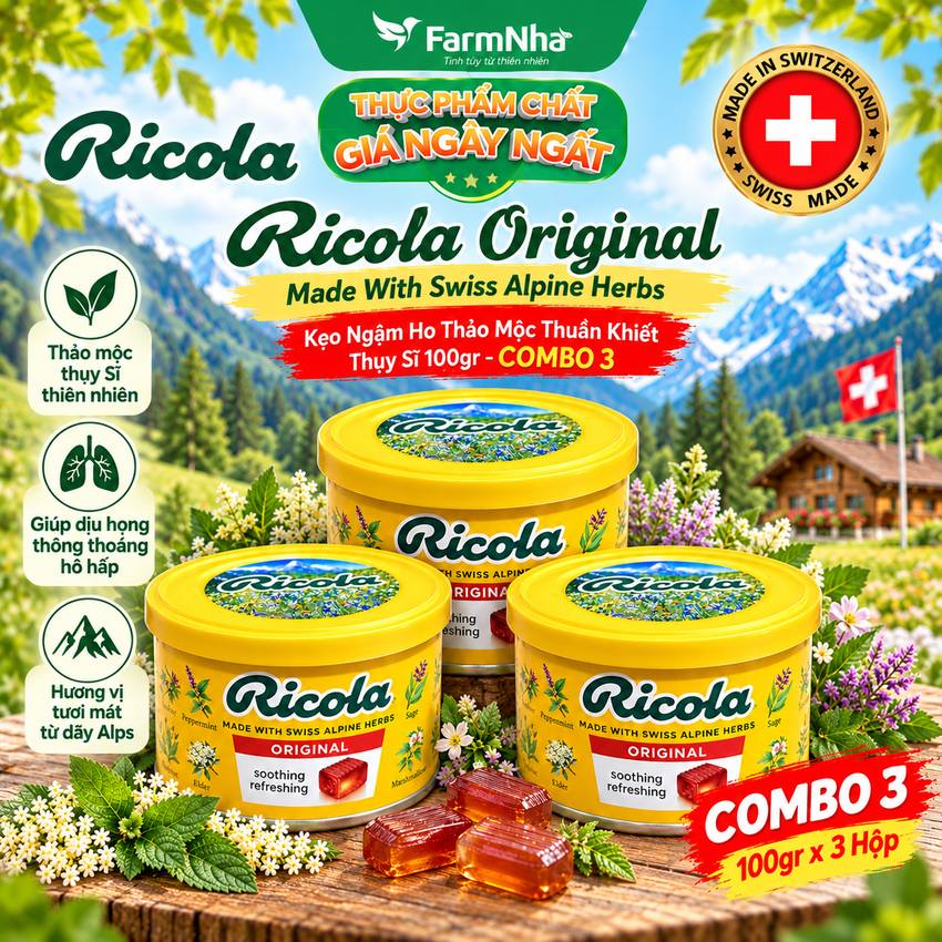 (Combo 3) Kẹo Ricola Original Herbs Hộp Thiếc 100g Thảo Mộc – Mát Họng, Giảm Ho, Thơm Miệng