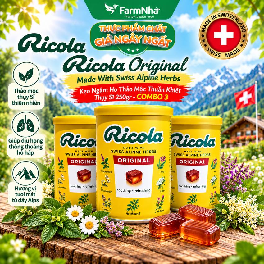 (Combo 3) Kẹo Ngậm Ho Ricola Orignal 250g Hộp Thiếc - Thảo Mộc Thuần Khiết Từ Thụy Sĩ
