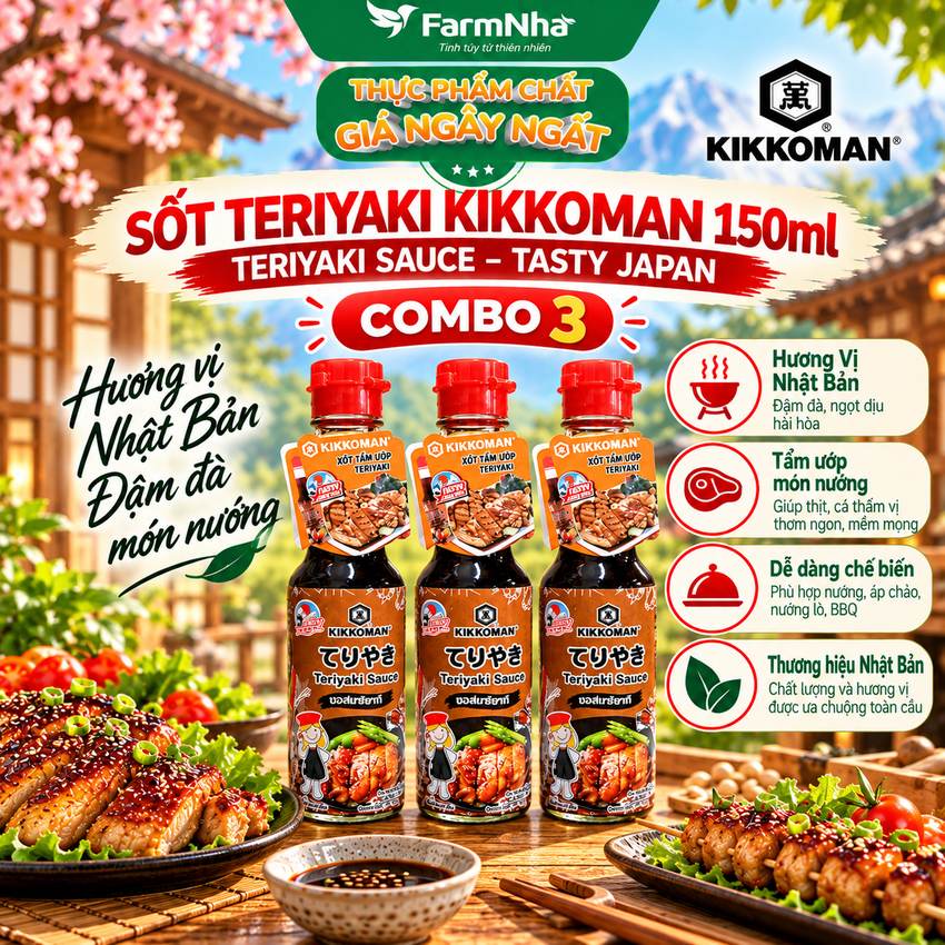 (Combo 3) Sốt Tẩm Ướp Teriyaki Kikkoman Sauce 150ml – Nước Sốt Thơm Ngon Chuẩn Vị Nhật
