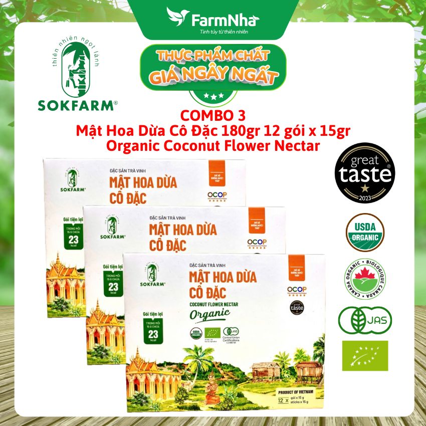 (Combo 3) Mật Hoa Dừa Sokfarm Hộp 12 Gói x15gr tiện dụng - Bổ sung khoáng chất và kiểm soát đường huyết hiệu quả