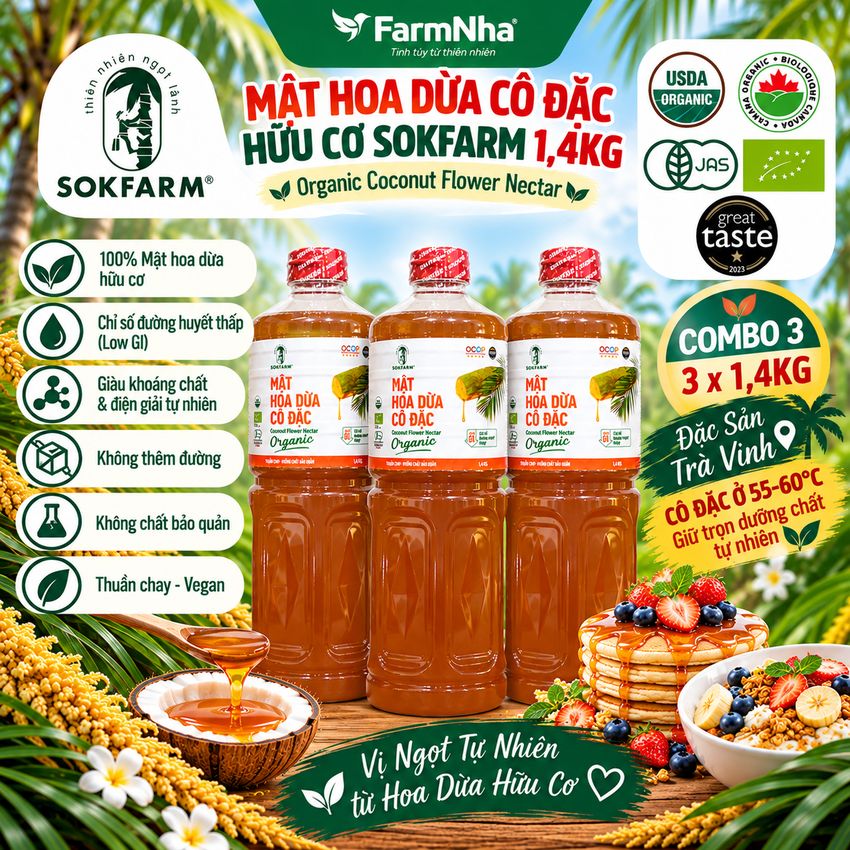 (Combo 3) Mật Hoa Dừa Cô Đặc Hữu Cơ Sokfarm 1.4kg | Bổ Sung Khoáng Chất, Kiểm Soát Đường Huyết