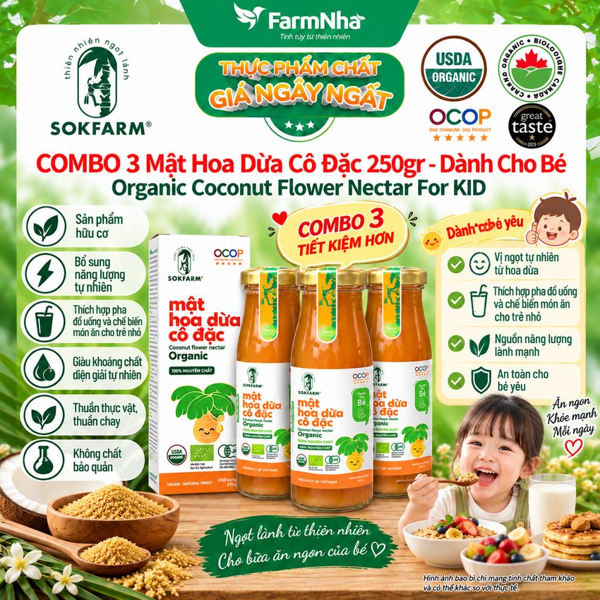(Combo 3) Mật Hoa Dừa Cô Đặc Hữu Cơ Sokfarm 250g Cho Bé | Mật Ngọt Tự Nhiên, Bổ Sung Khoáng Chất 