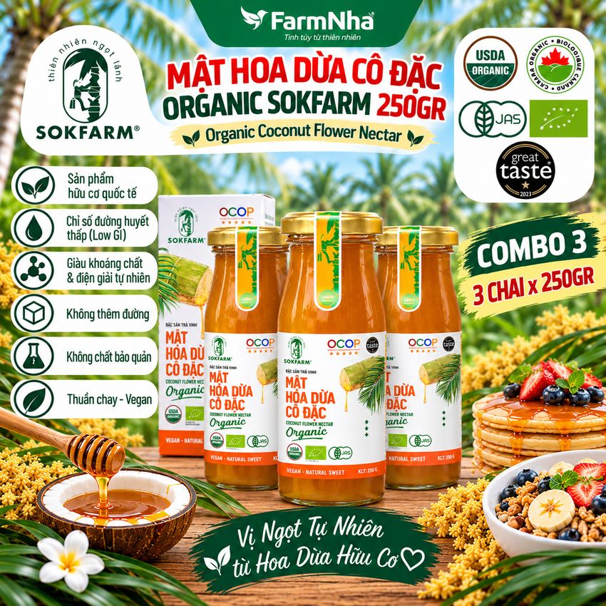 (Combo 3) Mật Hoa Dừa Cô Đặc Hữu Cơ Sokfarm 250g | Bổ Sung Khoáng Chất, Kiểm Soát Đường Huyết