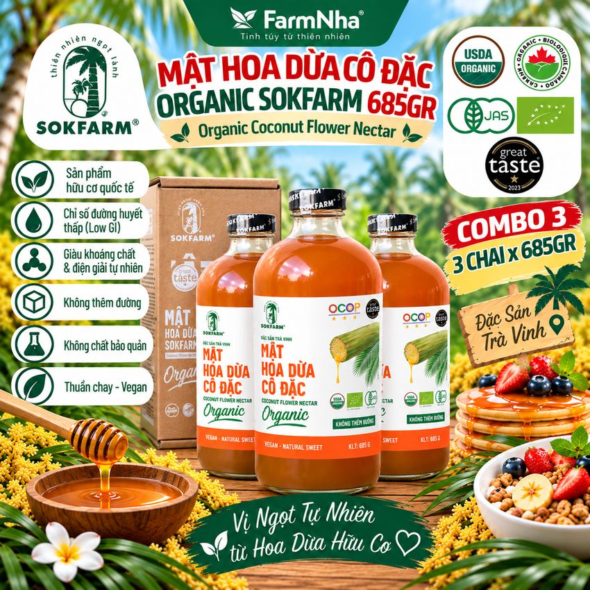 (Combo 3) Mật Hoa Dừa Cô Đặc Hữu Cơ Sokfarm 685gr | Bổ Sung Khoáng Chất, Kiểm Soát Đường Huyết