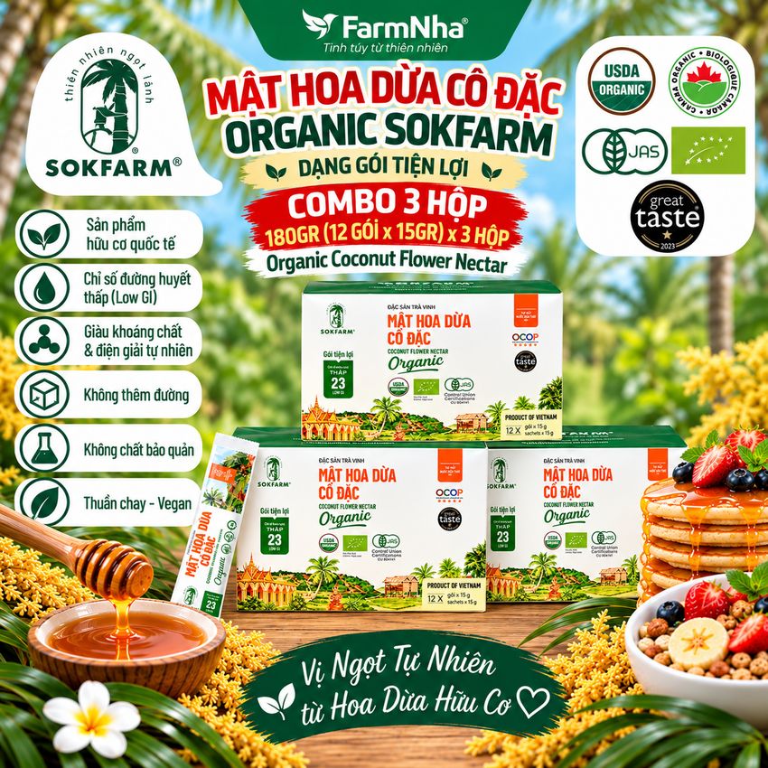 (Combo 3) Mật Hoa Dừa Cô Đặc Hữu Cơ Sokfarm Stick 12 x 15g | Mật Ngọt Tự Nhiên, Bổ Sung Khoáng Chất
