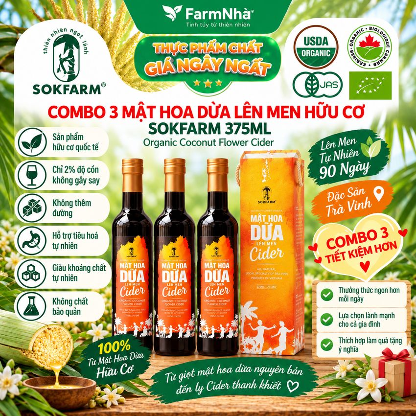 (Combo 3) Mật Hoa Dừa Lên Men Cider Sokfarm 375ml - Thưởng Thức Hương Vị Lôi Cuốn Và Hấp Dẫn