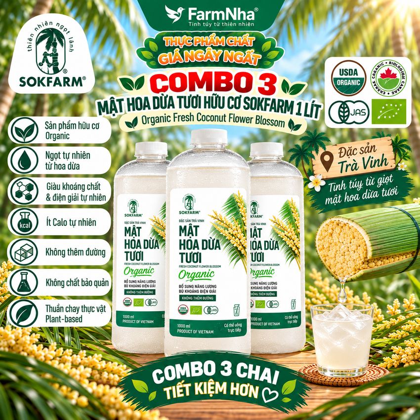 (Combo 3) Nước Uống Mật Hoa Dừa Tươi Sokfarm 1 lít Plastic – Hữu Cơ Giàu Khoáng Chất Khỏe Mạnh