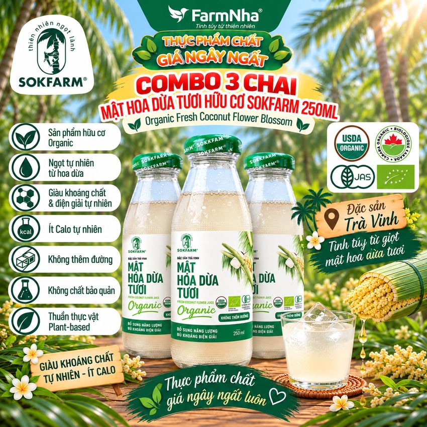 (Combo 3) Nước Uống Mật Hoa Dừa Tươi Sokfarm 250ml Thủy Tinh – Hữu Cơ Giàu Khoáng Chất Khỏe Mạnh