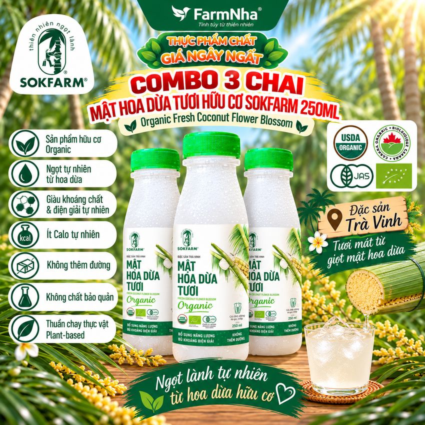 (Combo 3) Nước Uống Mật Hoa Dừa Tươi Sokfarm 250ml Plastic – Hữu Cơ Giàu Khoáng Chất Khỏe Mạnh