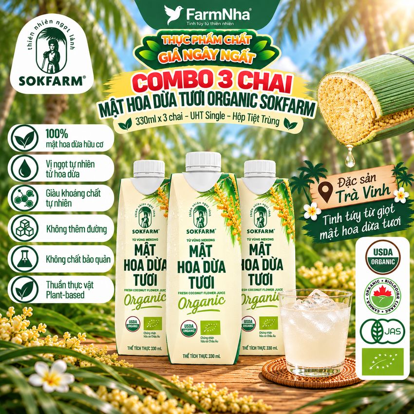 (Combo 3) Nước Uống Mật Hoa Dừa Tươi Sokfarm 330ml UHT – Hữu Cơ Giàu Khoáng Tự Nhiên, Uống Là Khỏe