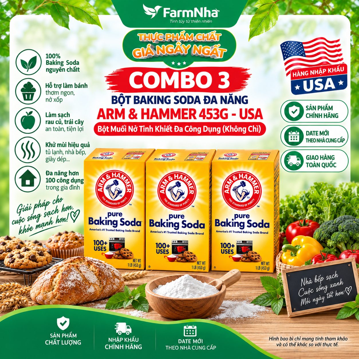 (Combo 3) Bột Pure Baking Soda Arm & Hammer 453g USA Chính Hãng - Đa Công Dụng Làm Bánh Khử Mùi 