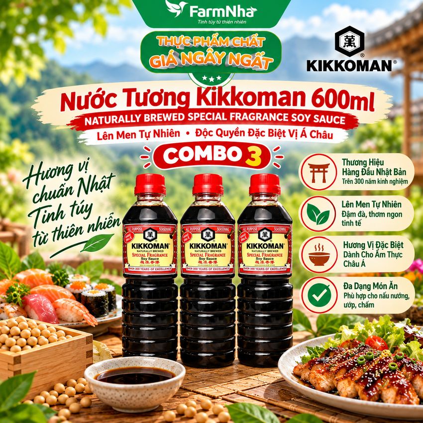 (Combo 3) Xì Dầu Kikkoman Special Fragrance Soy Sauce 600ml – Nước Tương Nhật Bản Lên Men Tự Nhiên Đặc Biệt 