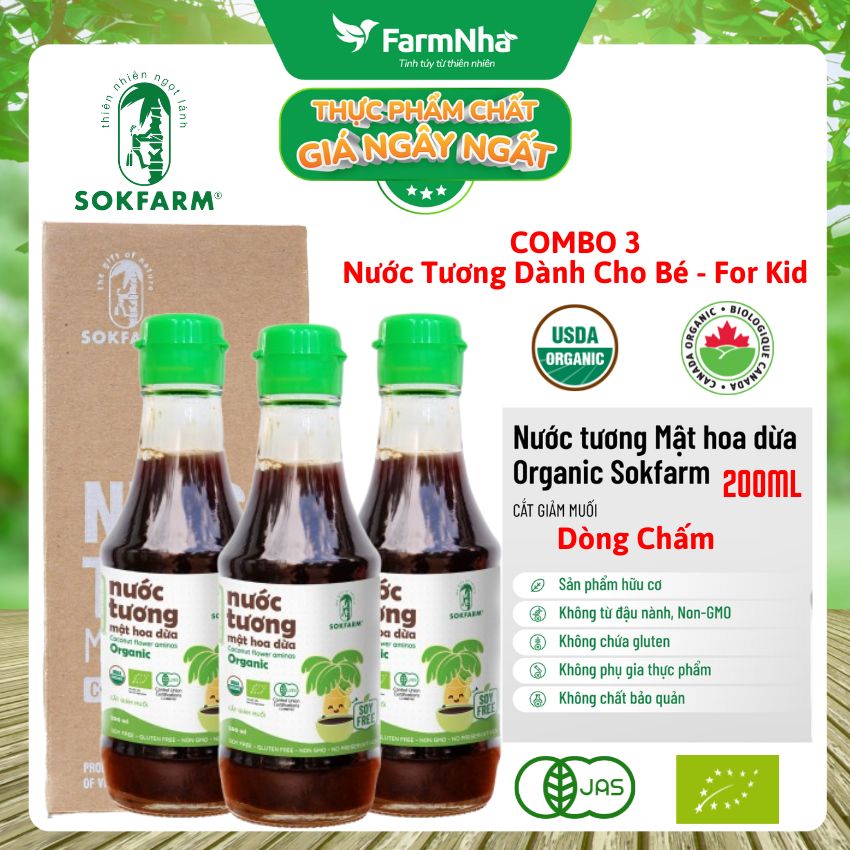 (Combo 3) Nước Tương Mật Hoa Dừa Hữu Cơ Sokfarm 200ml Cho Bé | Nước Chấm Hữu Cơ Ít Muối 