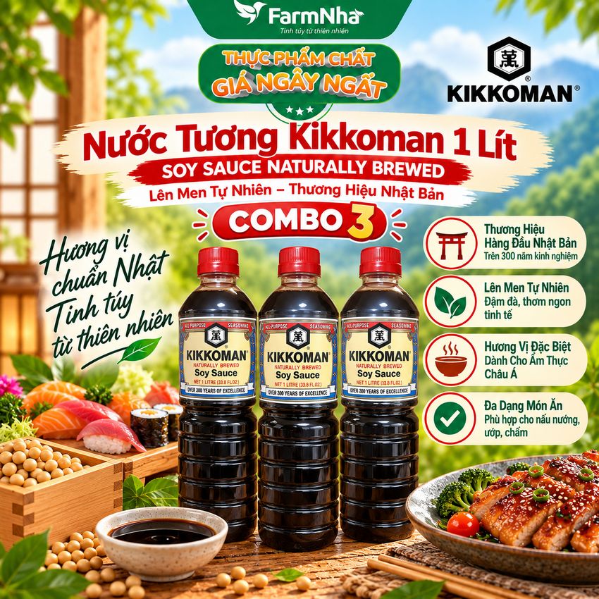 (Combo 3) Xì Dầu Naturally Brewed Soy Sauce Kikkoman 1 lít –Nước Tương Lên Men Tự Nhiên Đậm Vị Umami