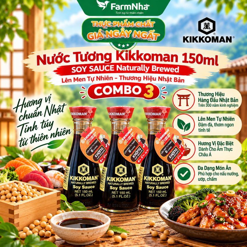(Combo 3) Xì Dầu Kikkoman Soy Sauce 150ml – Nước tương chuẩn Nhật Bản, Không GMO, Hương Vị Tự Nhiên