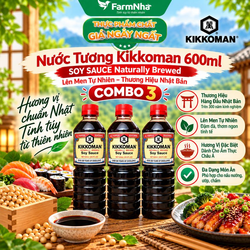 (Combo 3) Xì Dầu Naturally Brewed Soy Sauce Kikkoman 600ml –Nước Tương Lên Men Tự Nhiên Đậm Vị Umami