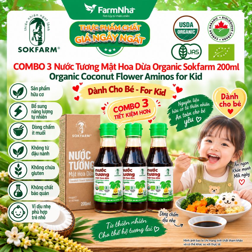 (Combo 3) Nước Tương Mật Hoa Dừa Sokfarm 200ml Cho Bé Ít Muối - Vị Umami Hữu Cơ Tốt Cho Sức Khỏe 