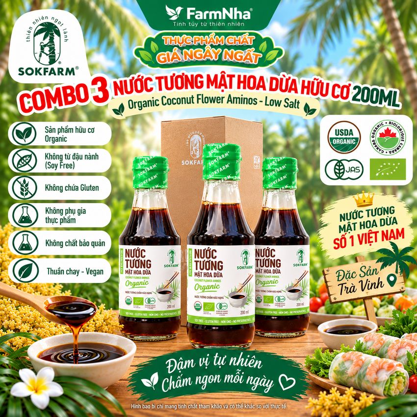 (Combo 3) Nước Tương Mật Hoa Dừa Sokfarm 200ml Dòng Chấm Ít Muối - Vị Umami Hữu Cơ Tốt Cho Sức Khỏe