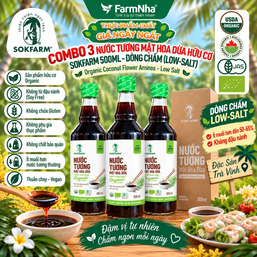 (Combo 3) Nước Tương Mật Hoa Dừa Sokfarm 500ml Dòng Chấm Ít Muối - Vị Umami Hữu Cơ Tốt Cho Sức Khỏe