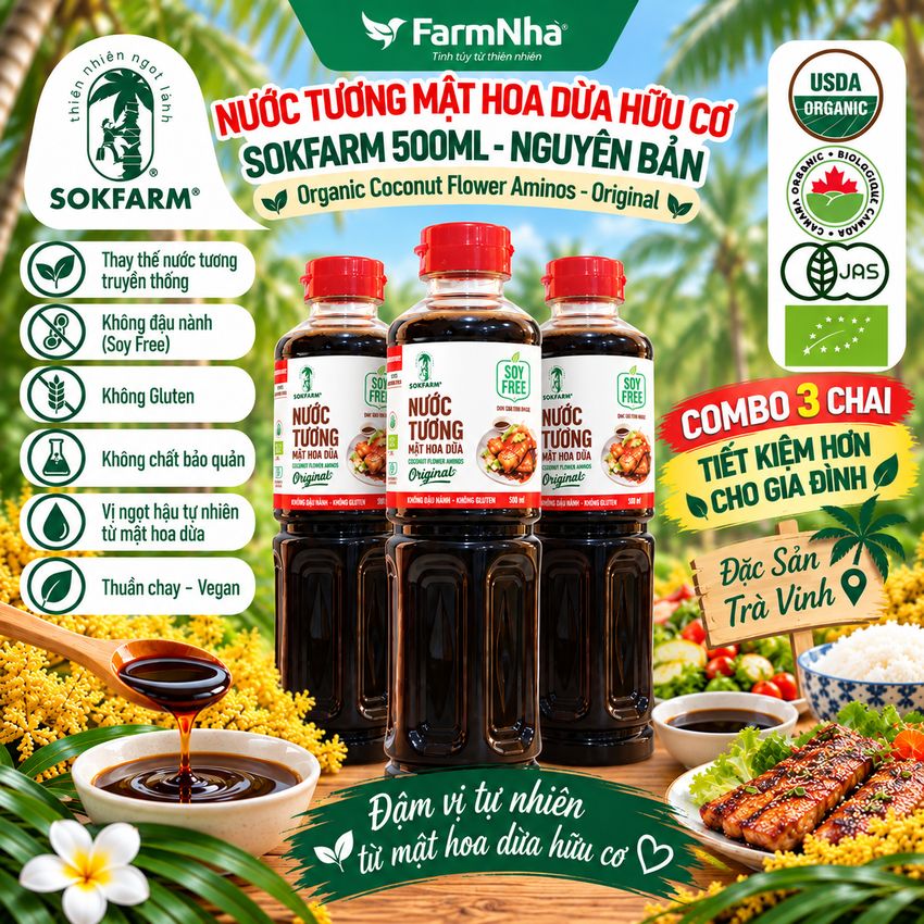 (Combo 3) Nước Tương Mật Hoa Dừa Sokfarm 500ml Nguyên Bản Chuyên Nấu - Vị Umami Hữu Cơ Tốt Cho Sức Khỏe