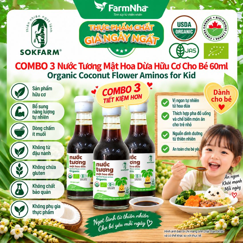 (Combo 3) Nước Tương Mật Hoa Dừa Sokfarm 60ml Cho Bé Ít Muối - Vị Umami Hữu Cơ Tốt Cho Sức Khỏe