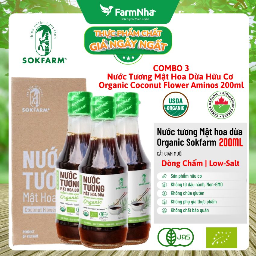 (Combo 3) Nước tương mật hoa dừa Sokfarm 200ml Dòng Chấm - Vị Unami hữu cơ tự nhiên