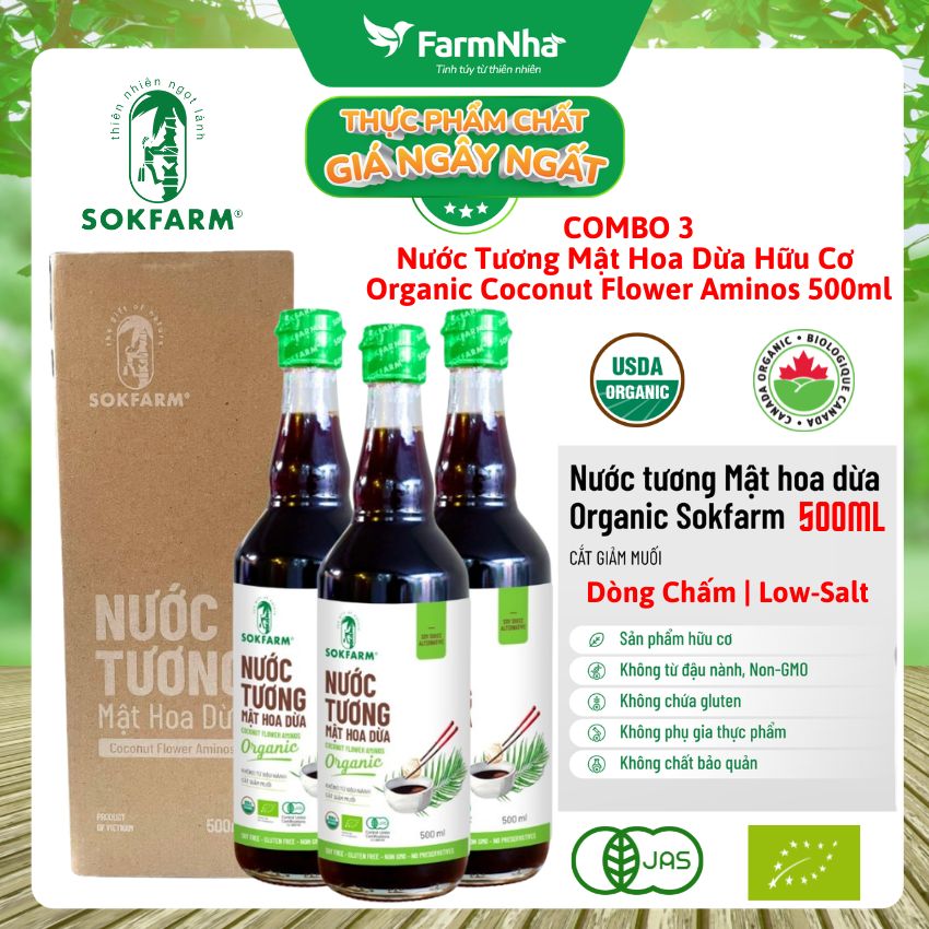 (Combo 3) Nước tương mật hoa dừa Sokfarm 500ml Dòng Chấm - Vị Unami hữu cơ tự nhiên