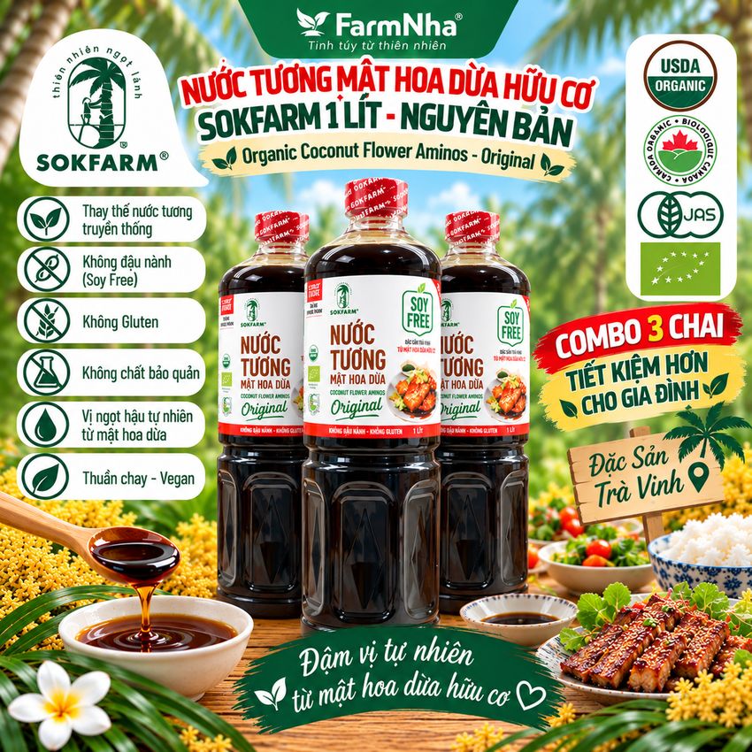 (Combo 3) Nước Tương Mật Hoa Dừa Sokfarm 1 Lít Nguyên Bản Chuyên Nấu - Vị Umami Hữu Cơ Tốt Cho Sức Khỏe