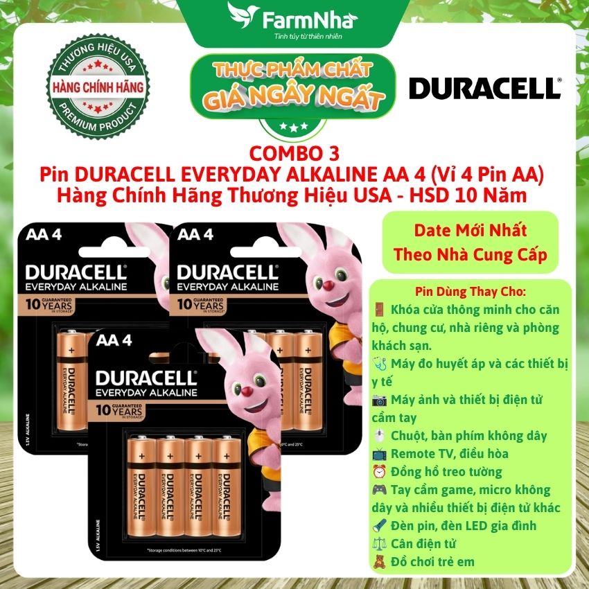 (Combo 3) Pin DURACELL EVERYDAY ALKALINE AA4 1.5V Vỉ 4 Viên - Hàng Chính Hãng USA, HSD Lưu Kho Đến 10 Năm 